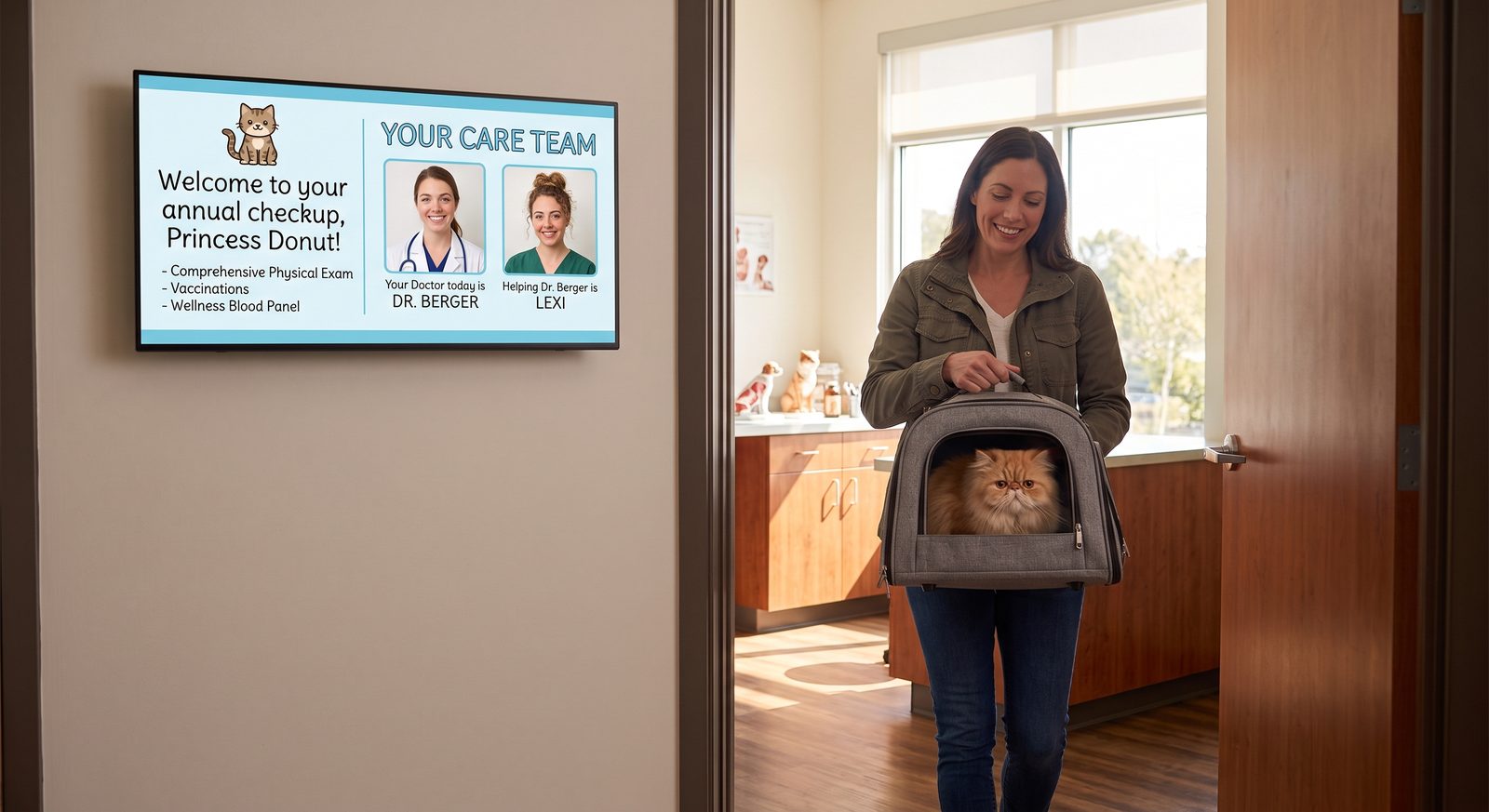 An exam room screen welcoming Princess Donut to her annual checkup, listing the visit plan and introducing the care team, as her owner carries her in
