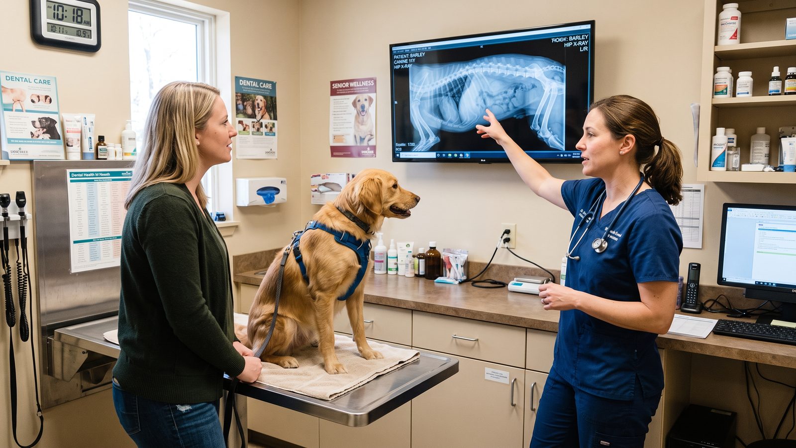 A veterinarian pointing at a radiograph on a wall-mounted exam room screen while an owner and her dog look on