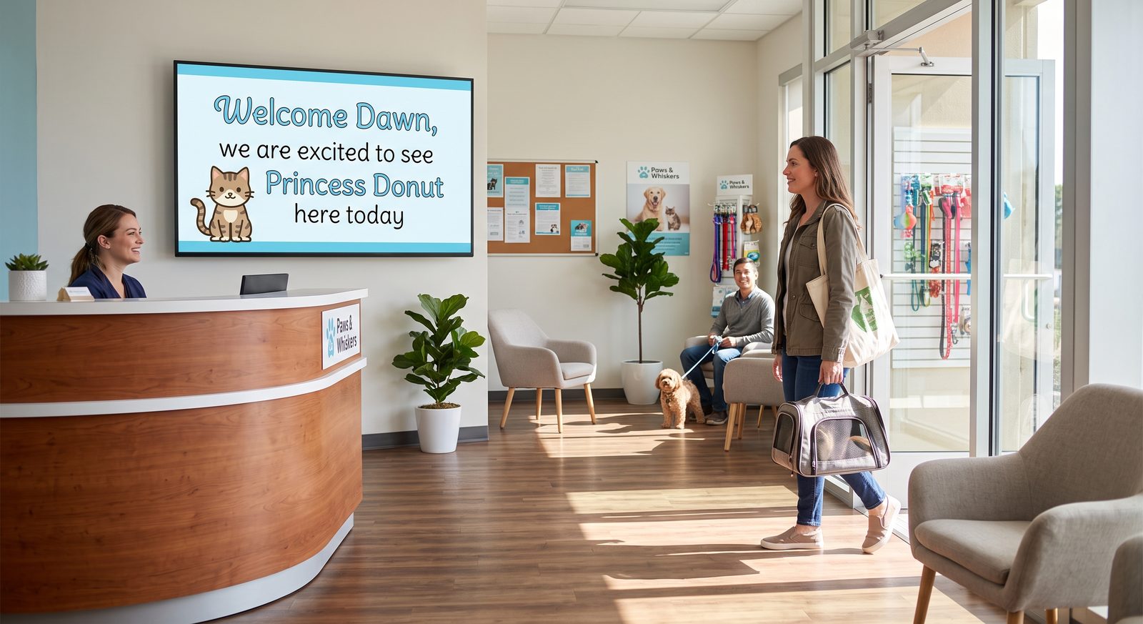 A veterinary lobby screen reading Welcome Dawn, we are excited to see Princess Donut here today, as a client arrives with her cat